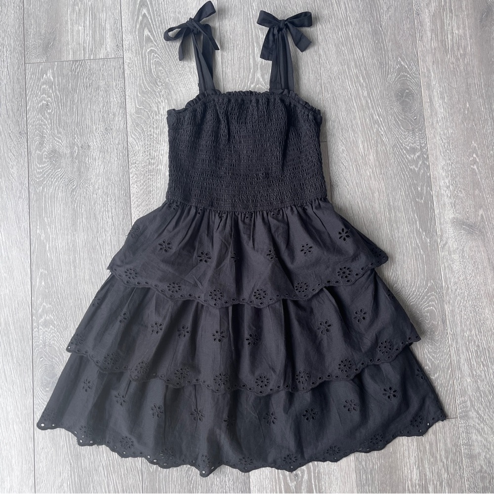 Japna Black Smocked Tiered Eyelet Sundress Tie Shoulder | XS